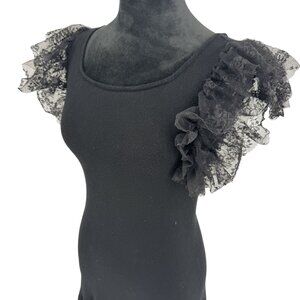 Candies Black Ribbed Fitted Dress Tulle Puff Sleeves Ruffle Hem S Whimsigoth Vtg